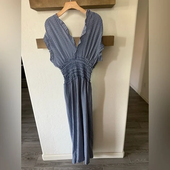 Max Studio|Blue Polka Dot Women's Wide leg jumpsuit w smocking•••NWT,Boho style - Picture 8 of 15